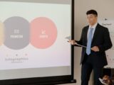 Confident businessman presenting infographics on promotion and growth during a meeting.