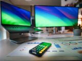 a remote control sitting on top of a desk next to two computer monitors