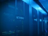 A modern server room featuring network equipment with blue illumination. Ideal for technology themes.