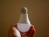 Close-up of a hand holding an energy-efficient LED bulb, emphasizing sustainability and innovation.