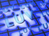 Glowing blue "luv" text repeated on a dark grid.