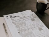 black ceramic mug beside white printer paper