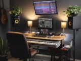 a desk with a keyboard and a monitor