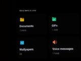 File categories and storage sizes displayed on a dark screen.
