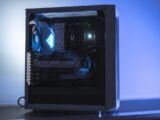 a computer with a blue light