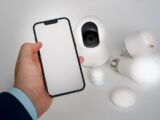 A person holding a smart phone next to a camera